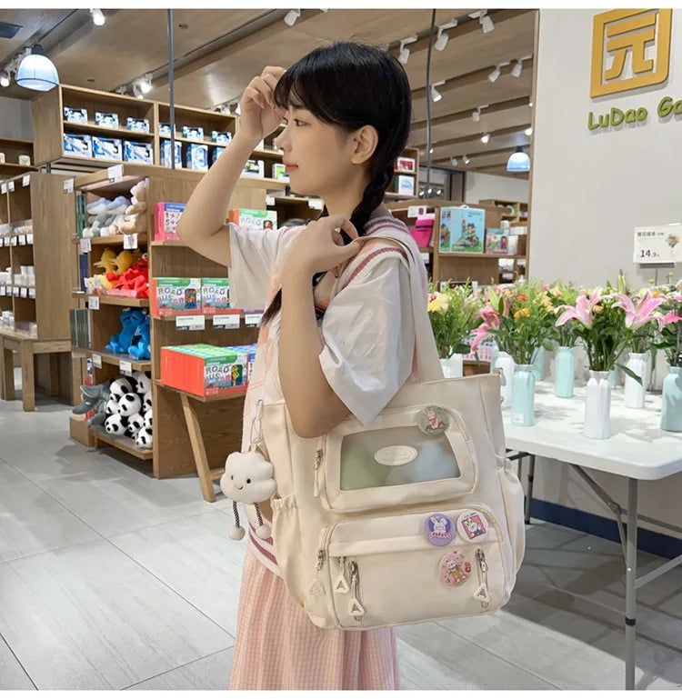 Mochila de camada transparente com vários bolsos e fecho, bolsa exterior grande