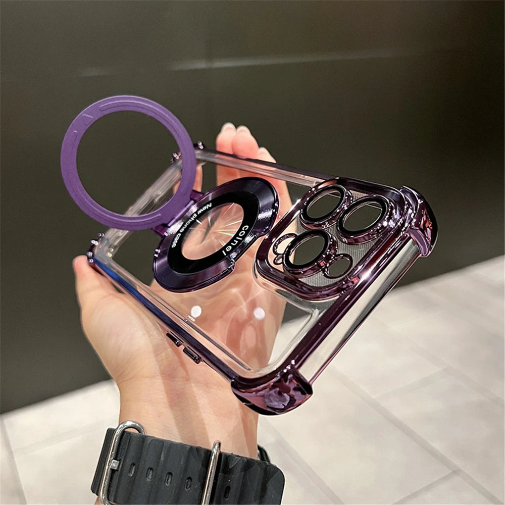 Luxury Plating Shockproof Magnetic Bracket For Magsafe Clear Case For iPhone