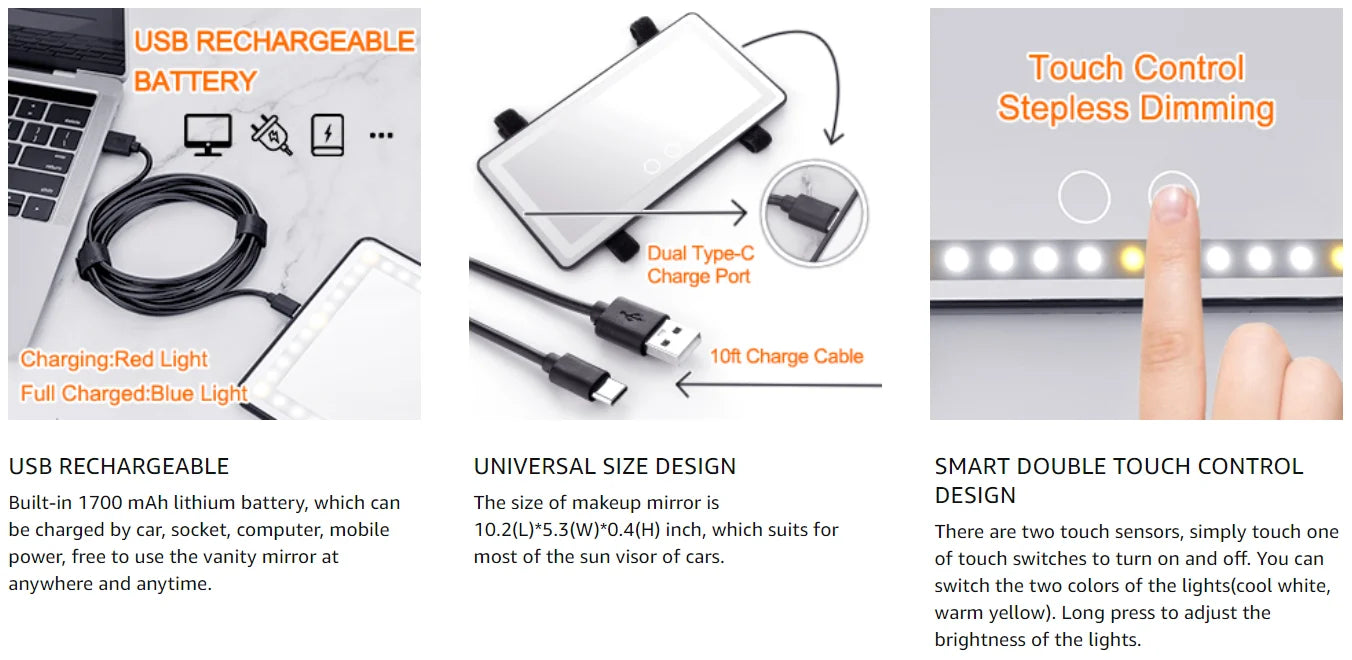 Espejo de vanidad para visera de coche, espejo de maquillaje con 3 modos de luz y 60 LED