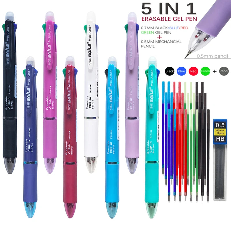 5 In 1 Multicolor Erasable Gel Pen with 4 Colors Replaceable Pen Refill