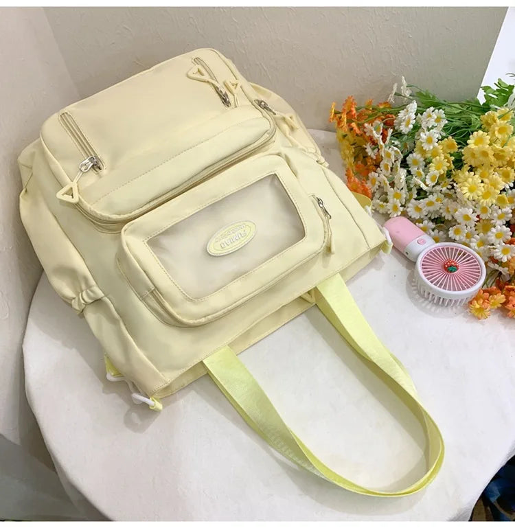 Mochila de camada transparente com vários bolsos e fecho, bolsa exterior grande