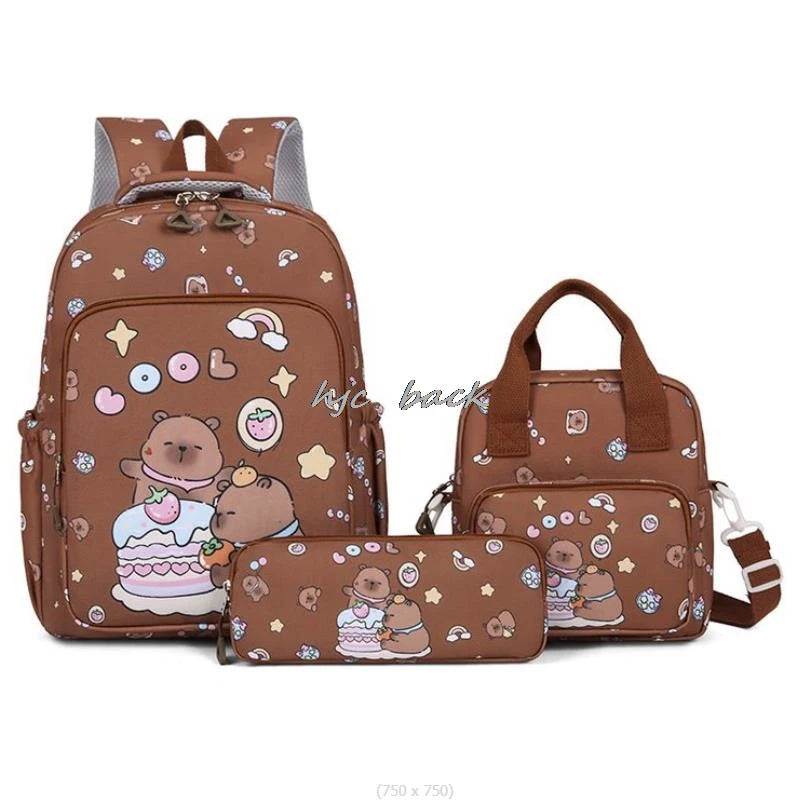3Pcs/set Capybara Print Backpack Lunch Bag with Pencilcase Colorful Patterns Boys Girls