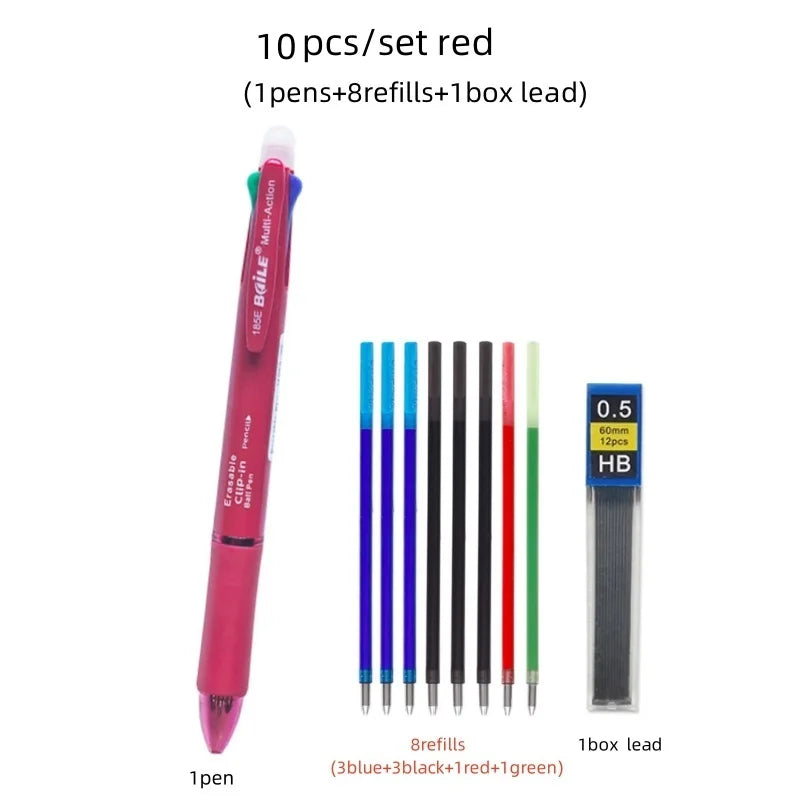 5 In 1 Multicolor Erasable Gel Pen with 4 Colors Replaceable Pen Refill