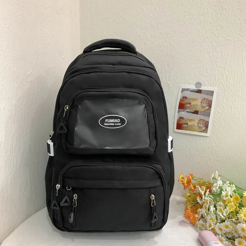 Mochila de camada transparente com vários bolsos e fecho, bolsa exterior grande
