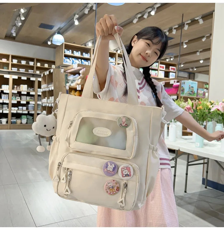 Mochila de camada transparente com vários bolsos e fecho, bolsa exterior grande