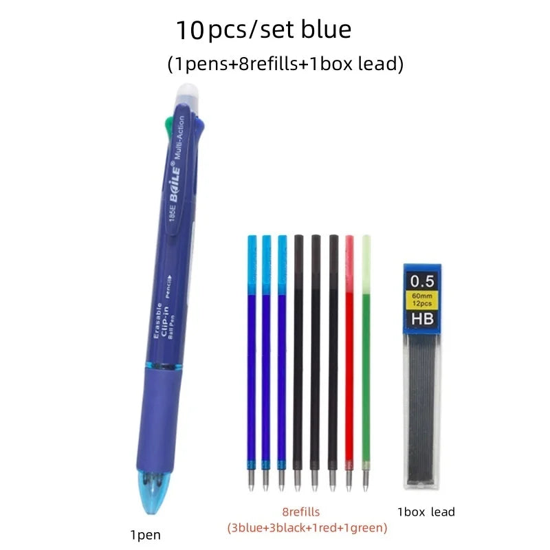 5 In 1 Multicolor Erasable Gel Pen with 4 Colors Replaceable Pen Refill