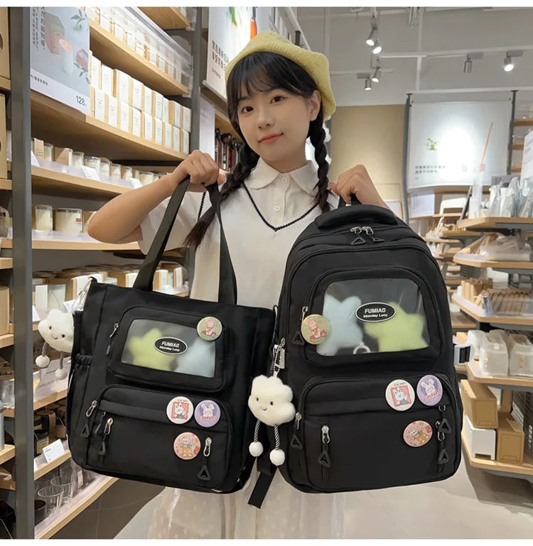 Mochila de camada transparente com vários bolsos e fecho, bolsa exterior grande
