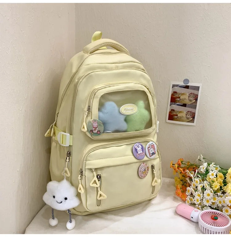 Mochila de camada transparente com vários bolsos e fecho, bolsa exterior grande