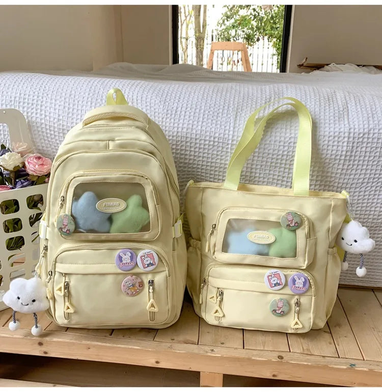 Mochila de camada transparente com vários bolsos e fecho, bolsa exterior grande