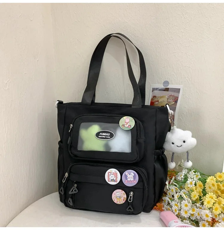 Mochila de camada transparente com vários bolsos e fecho, bolsa exterior grande