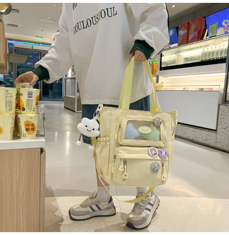 Mochila de camada transparente com vários bolsos e fecho, bolsa exterior grande