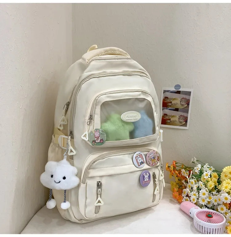 Mochila de camada transparente com vários bolsos e fecho, bolsa exterior grande