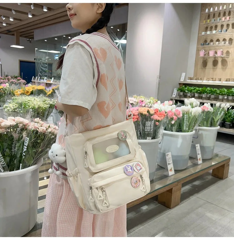 Mochila de camada transparente com vários bolsos e fecho, bolsa exterior grande