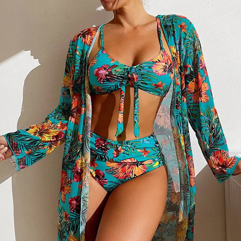 3-Piece Floral Bikini Set with Mesh Cover-Up