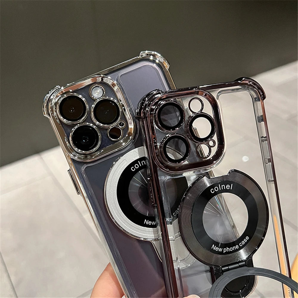 Luxury Plating Shockproof Magnetic Bracket For Magsafe Clear Case For iPhone