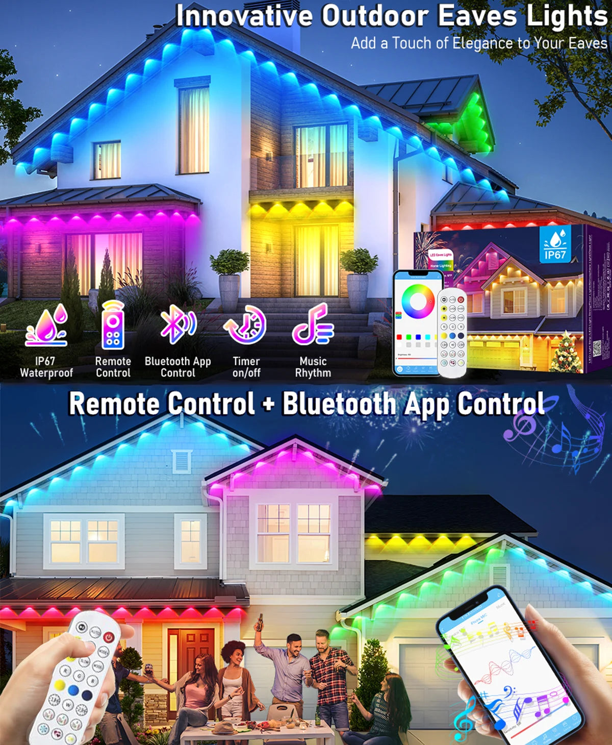60M Smart RGB Eave Lights App & Remote IP67 Permanent Outdoor LED