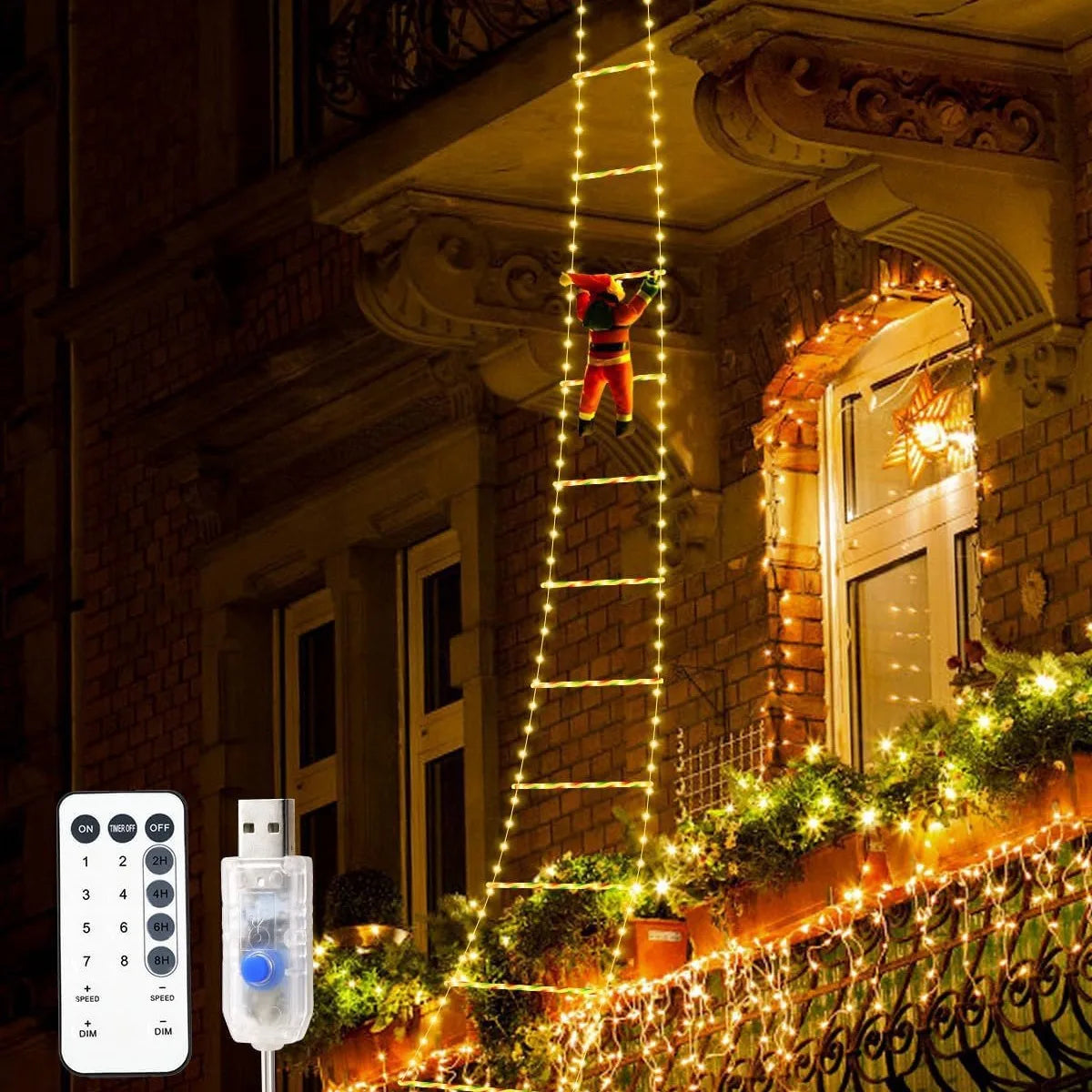 1.5/3M Christmas Decoration LED Santa Claus Climbing Ladder Light USB Plug