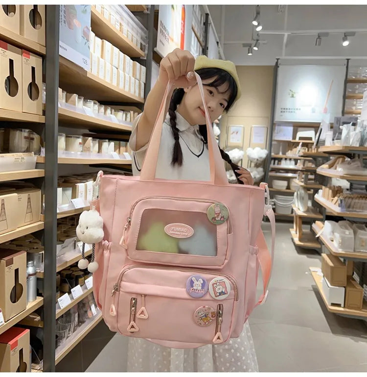 Mochila de camada transparente com vários bolsos e fecho, bolsa exterior grande