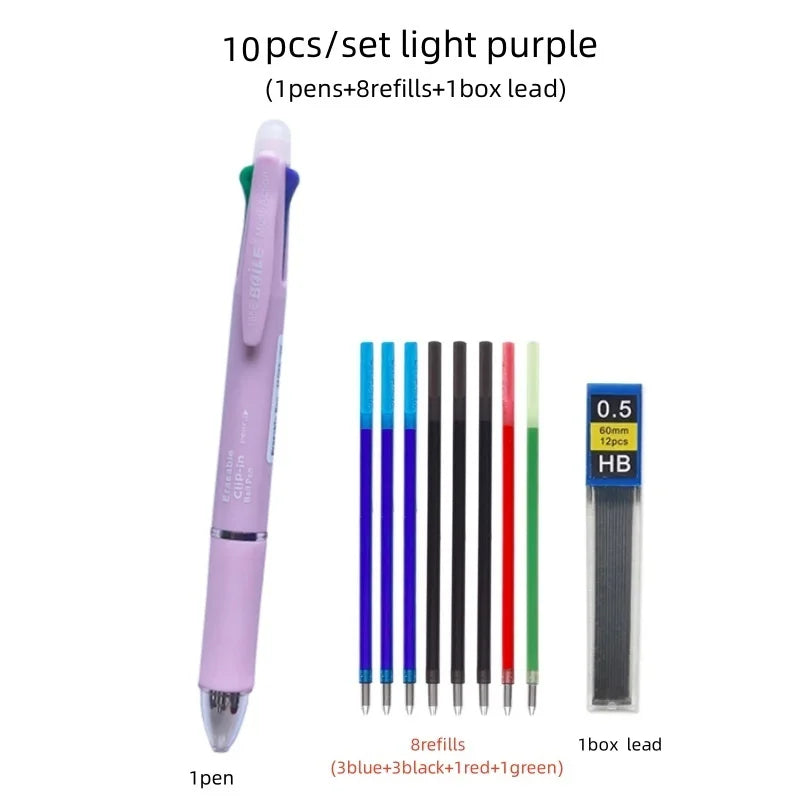 5 In 1 Multicolor Erasable Gel Pen with 4 Colors Replaceable Pen Refill