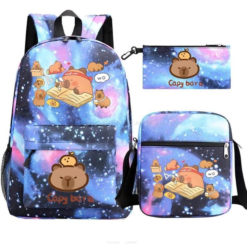 New Capybara Anime Print 3Pcs/Set Backpack Teenager Boy School Bag Laptop