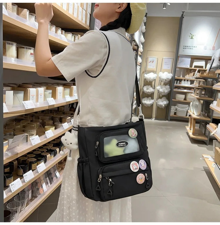 Mochila de camada transparente com vários bolsos e fecho, bolsa exterior grande