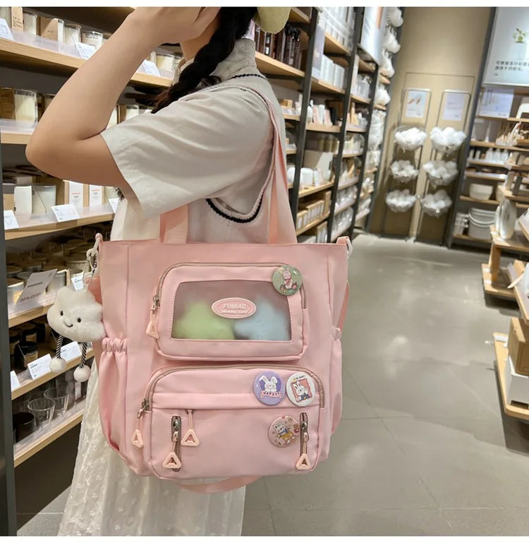 Mochila de camada transparente com vários bolsos e fecho, bolsa exterior grande