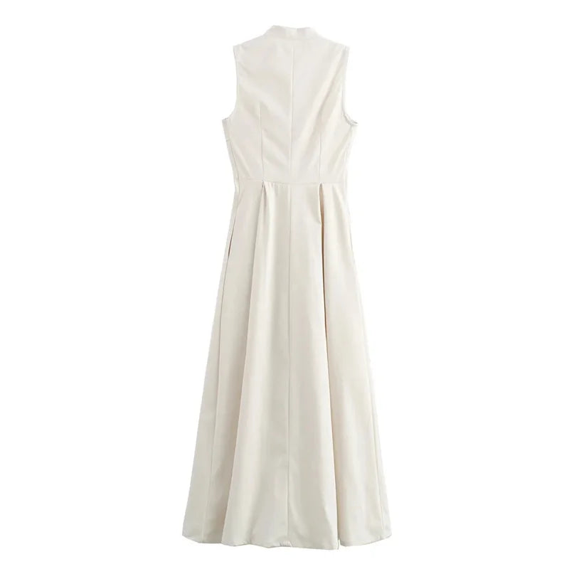 TRAF Vestido comprido com fecho para mulher plissado sem mangas