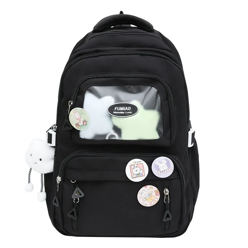 Mochila de camada transparente com vários bolsos e fecho, bolsa exterior grande