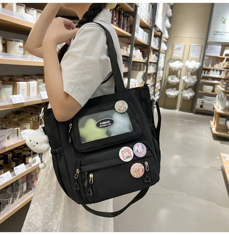 Mochila de camada transparente com vários bolsos e fecho, bolsa exterior grande