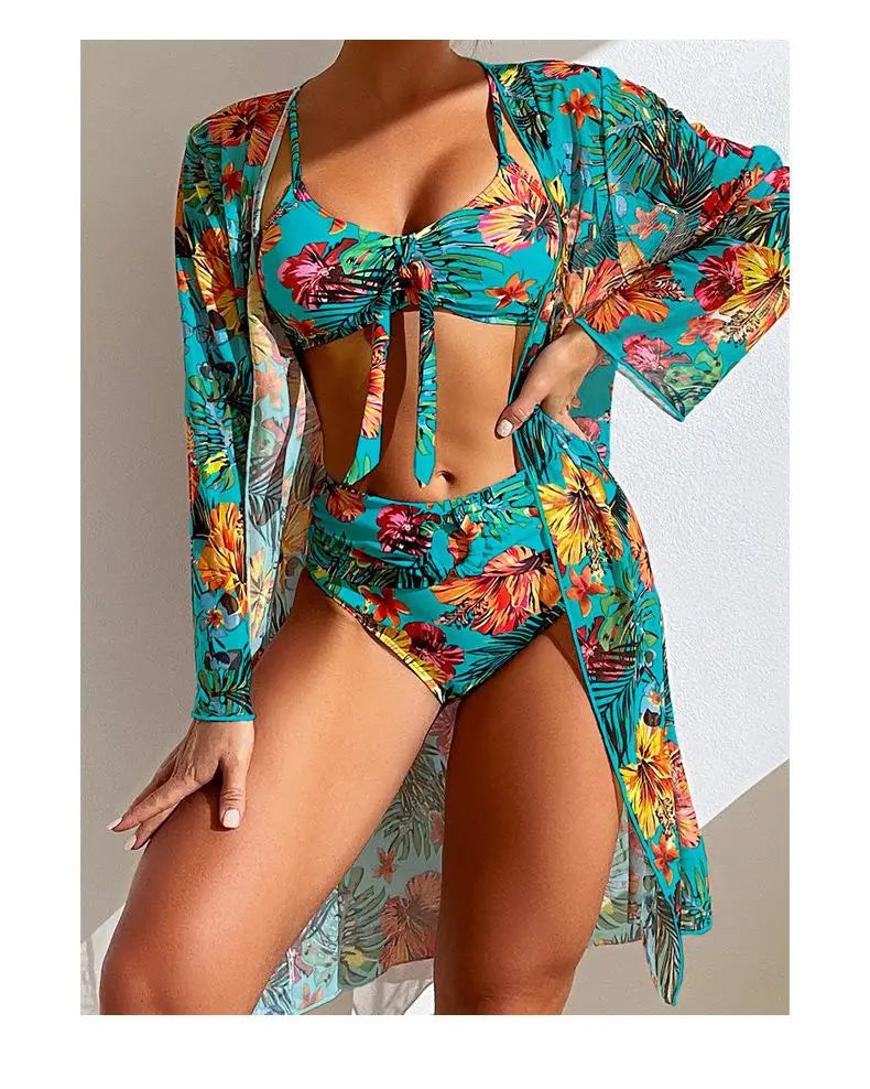 3-Piece Floral Bikini Set with Mesh Cover-Up