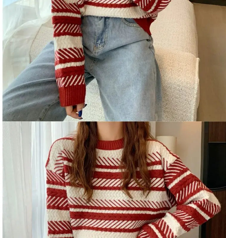 Red Striped Sweater Christmas New Year Woman Top All-match Fashion
