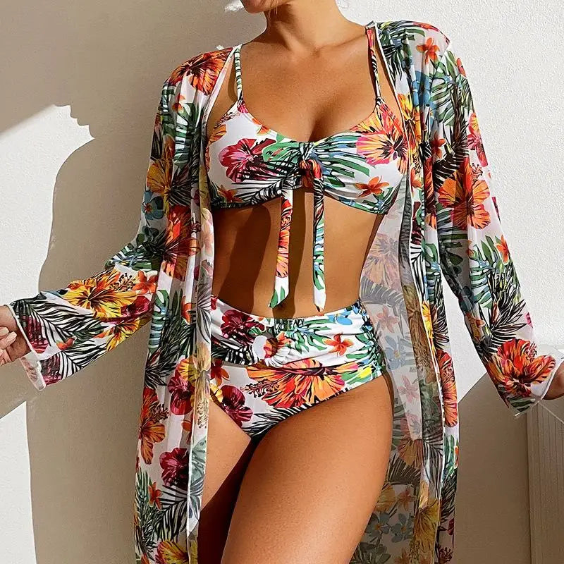 3-Piece Floral Bikini Set with Mesh Cover-Up
