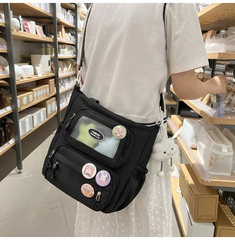 Mochila de camada transparente com vários bolsos e fecho, bolsa exterior grande