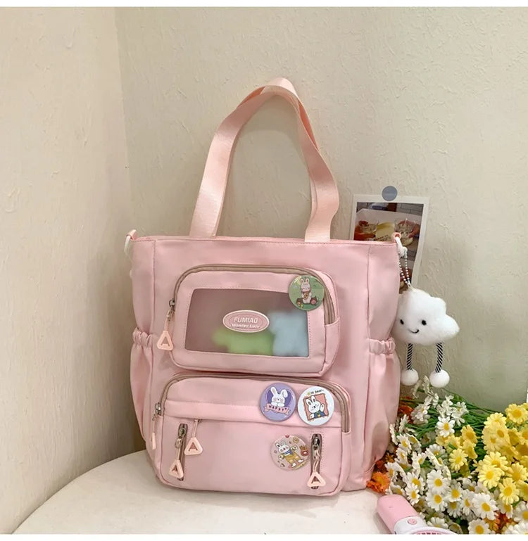 Mochila de camada transparente com vários bolsos e fecho, bolsa exterior grande