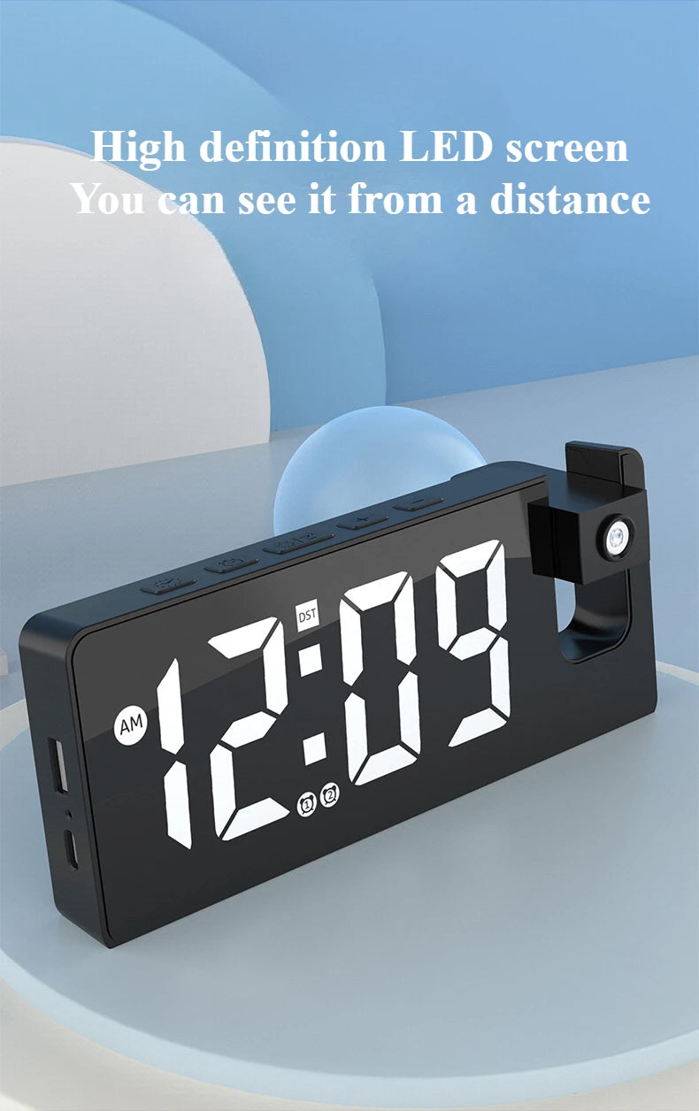 Despertador de projeção multifunções com carregamento USB e ecrã grande