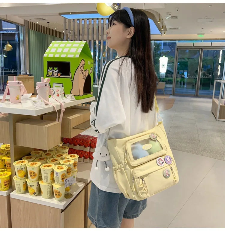 Mochila de camada transparente com vários bolsos e fecho, bolsa exterior grande