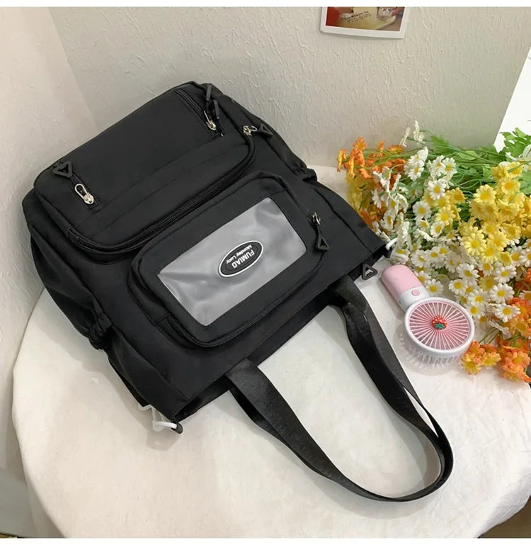 Mochila de camada transparente com vários bolsos e fecho, bolsa exterior grande
