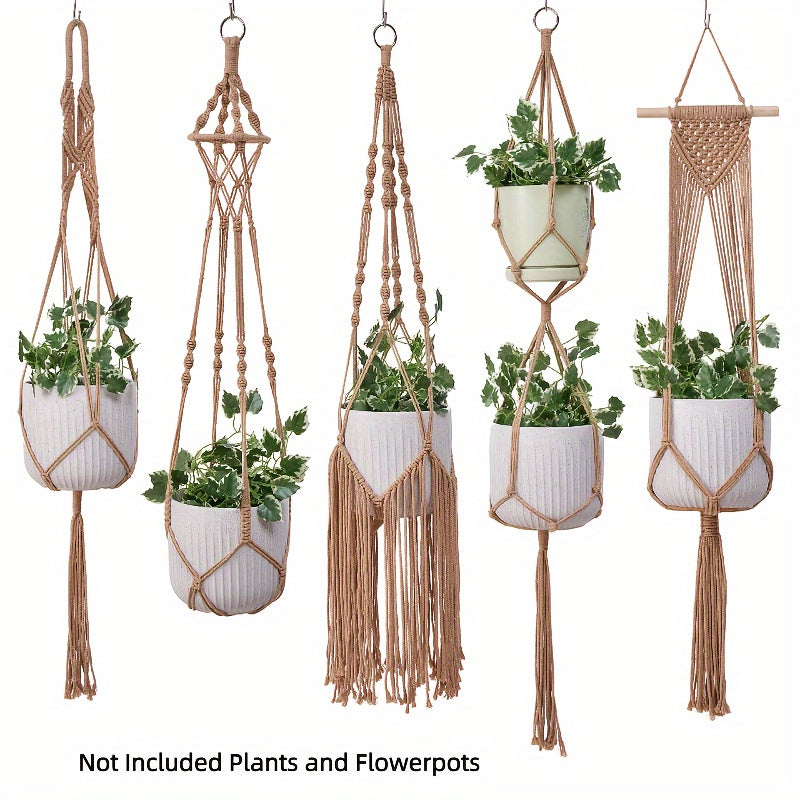 5 Pack Macrame Plant Hangers - Handwoven Bohemian Style