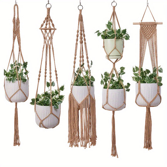 5 Pack Macrame Plant Hangers - Handwoven Bohemian Style