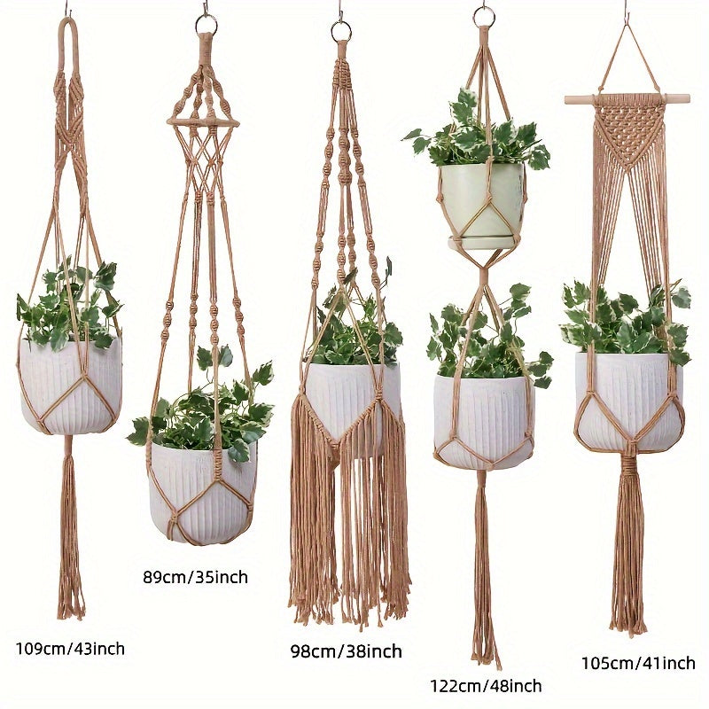 5 Pack Macrame Plant Hangers - Handwoven Bohemian Style