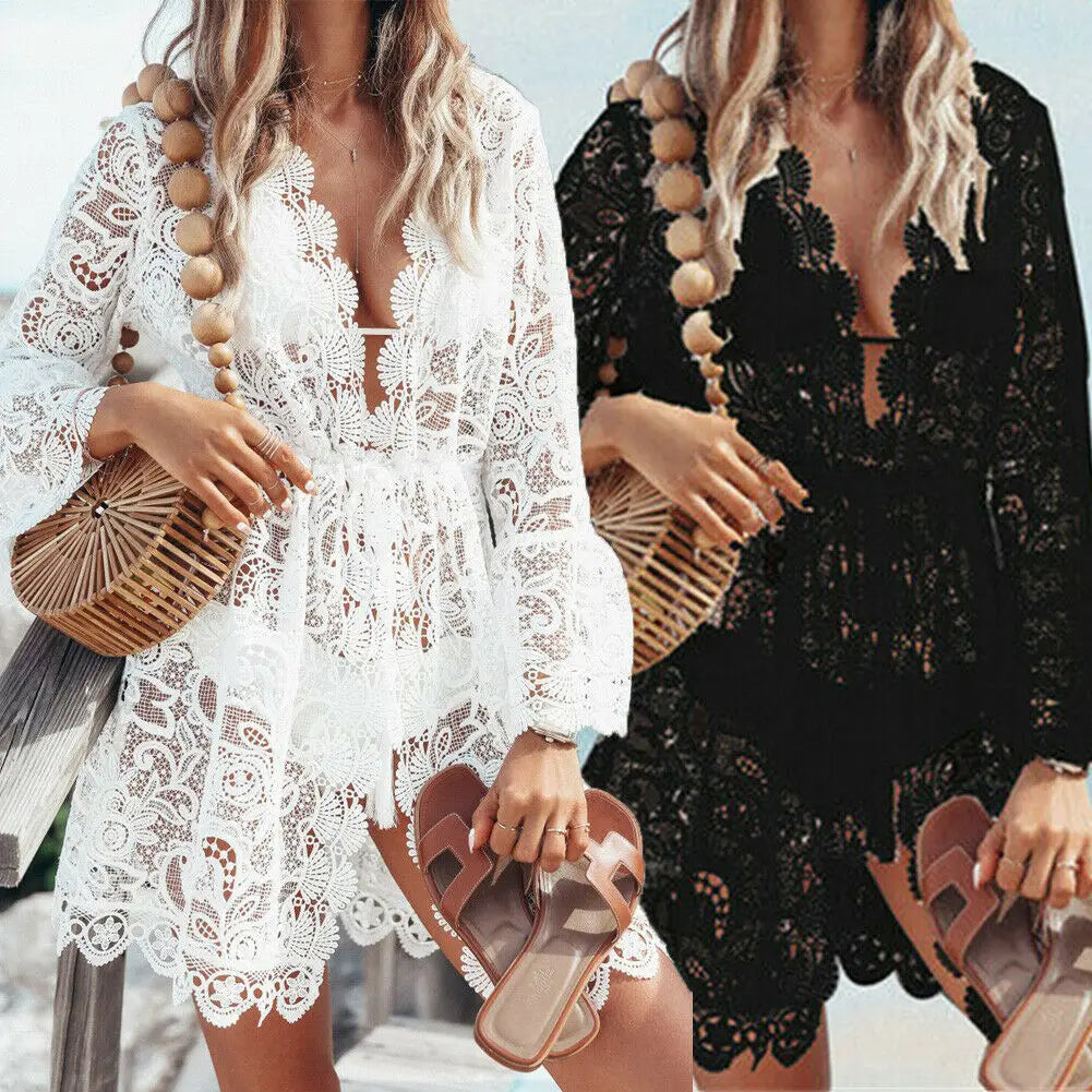 Hot Sale Women Sexy V-neck Lace Beach Bikini Cover Up