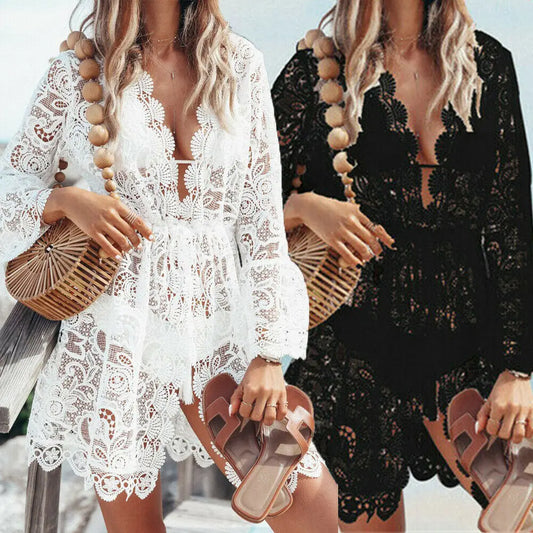 Hot Sale Women Sexy V-neck Lace Beach Bikini Cover Up