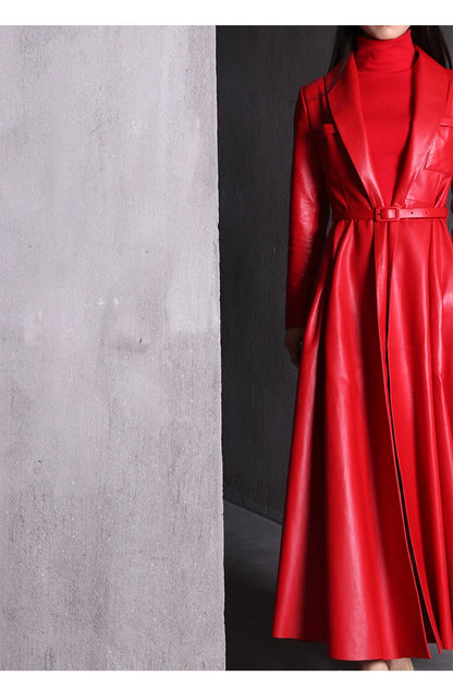 Nerazzurri High Quality Red Black Maxi PU Leather Trench Coat
