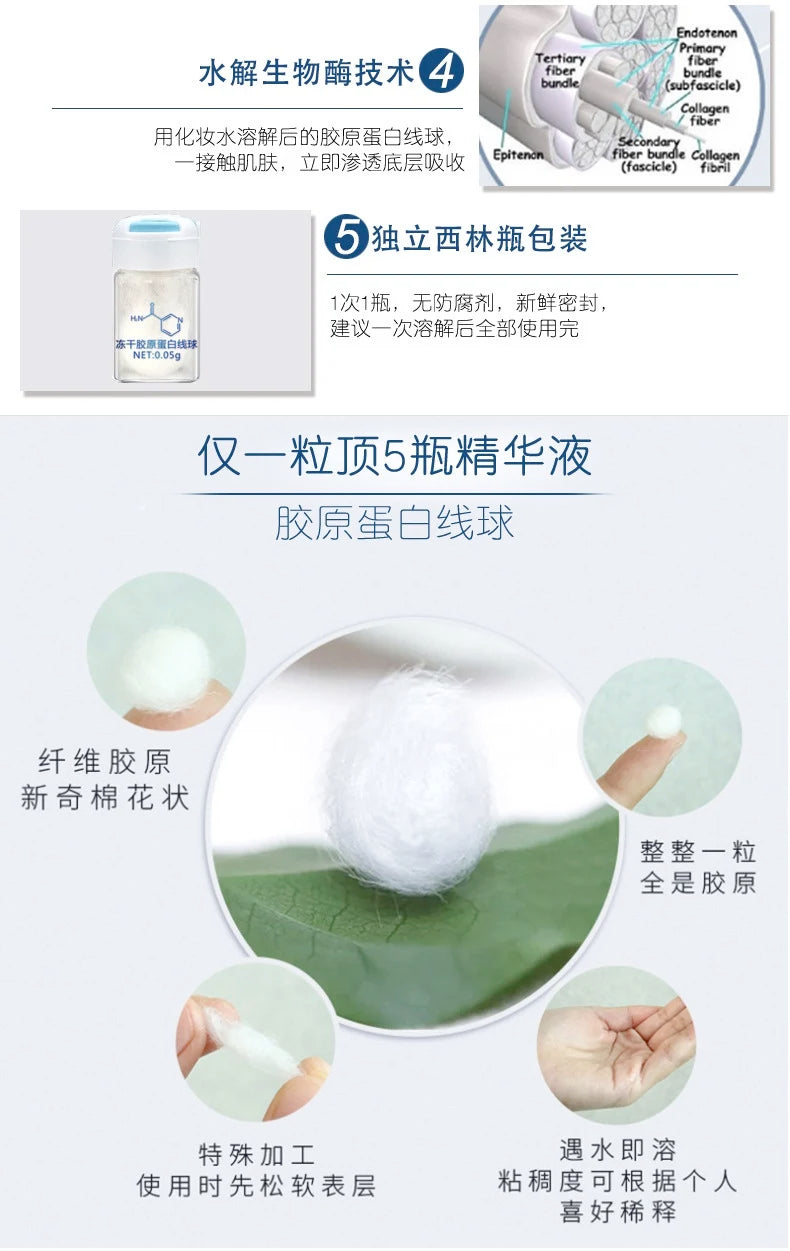 Sérum facial coreano com colagénio hidrolisado em forma de fios, hidratante, lifting e refirmante, para o cuidado da pele e redução de linhas finas.