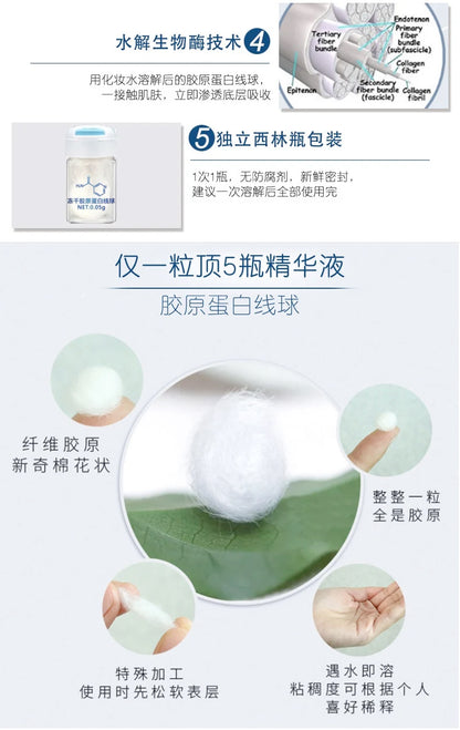 Sérum facial coreano com colagénio hidrolisado em forma de fios, hidratante, lifting e refirmante, para o cuidado da pele e redução de linhas finas.