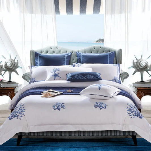Blue Embroidery White Duvet Cover set Premium Egyptian Cotton