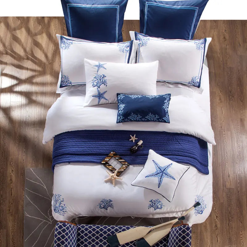 Blue Embroidery White Duvet Cover set Premium Egyptian Cotton