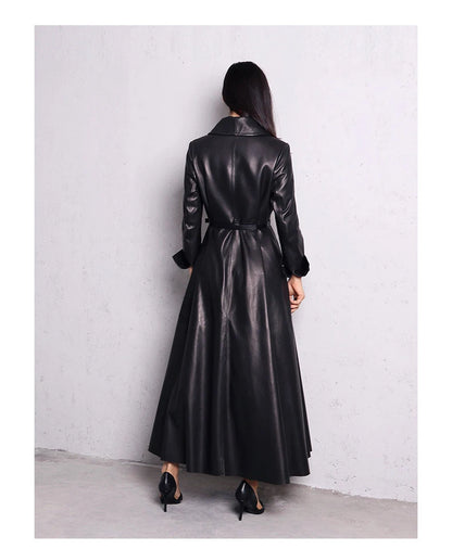 Nerazzurri High Quality Red Black Maxi PU Leather Trench Coat