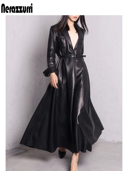 Nerazzurri High Quality Red Black Maxi PU Leather Trench Coat