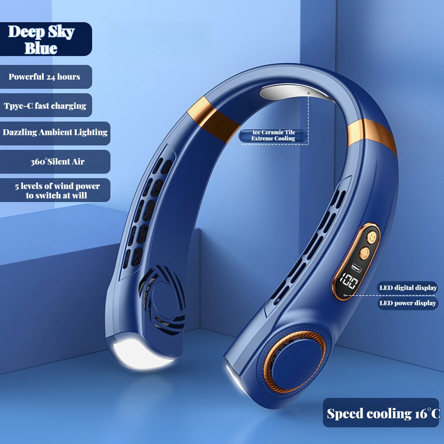 Portable Ice-Cooling Fan with LED Light, Silent Bladeless Halterneck Design